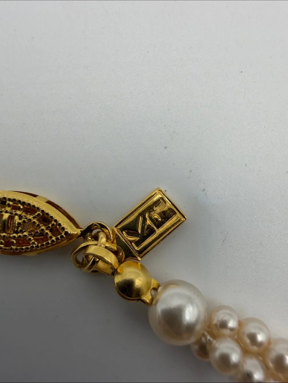 Vintage KR Signed Multi Strand Faux Pearl Necklace Gold Tone